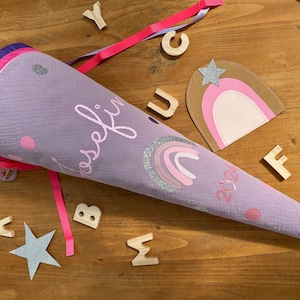 Schultüte Musselin Schultüte Stoff Schulanfang Schultüte Mädchen Schultüte Einschulung Schultüte Musselin lila Regenbogen bunte Punkte