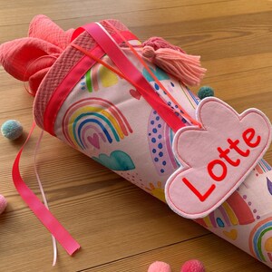 Schultüte Musselin Schultüte Stoff Schulanfang Schultüte Mädchen Einschulung Schultüte bunte Regenbögen rainbow Herz Wolken Milla Louise