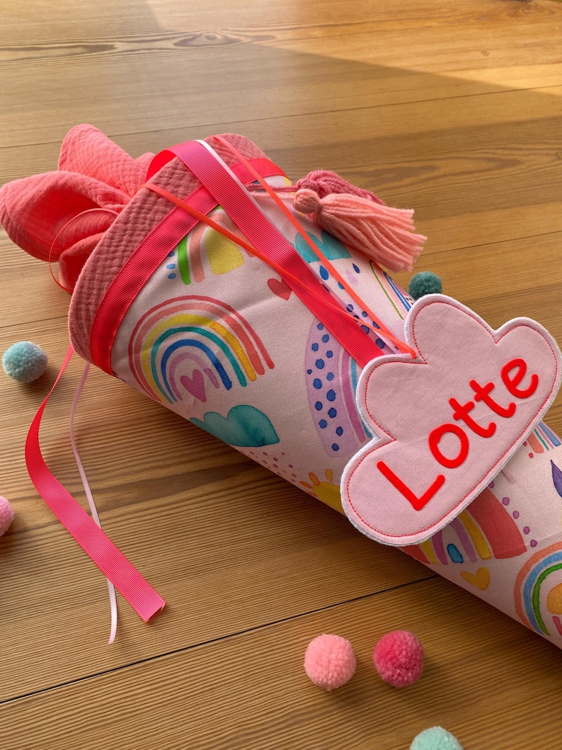Schultüte Musselin Schultüte Stoff Schulanfang Schultüte Mädchen Einschulung Schultüte bunte Regenbögen rainbow Herz Wolken Milla Louise