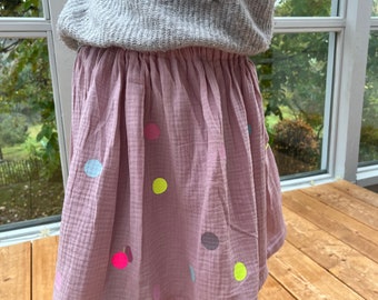 Mädchenrock Musselin,  Rock Musselin, Musselinrock,Musselin, Rock Konfetti,Rock bunte Punkte, Konfetti, Glitzerrock, Musselin rosa, altrosa