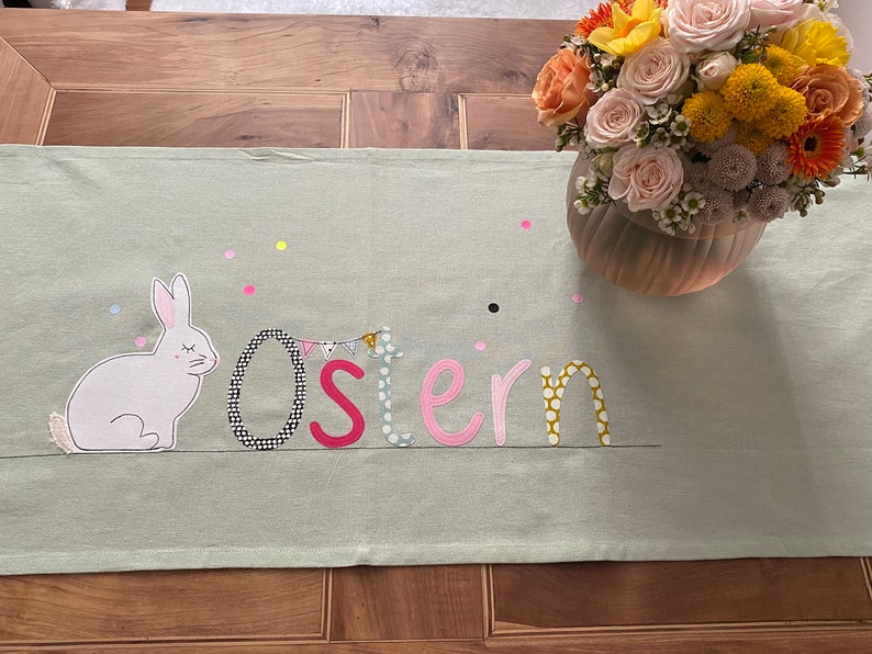 short delivery time table runner Easter, tablecloth Easter, spring, Easter decoration, mint, rabbit image 1