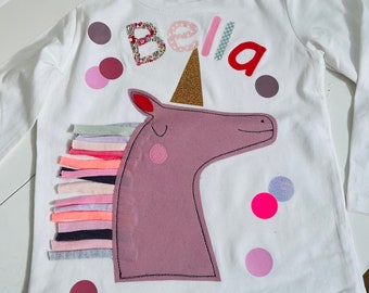 Verjaardagsshirt voor kinderen, verjaardagsshirt, shirt voor meisjes, shirt met naam, shirt met nummer, shirt eenhoorn, shirt verjaardag, shirt paard, pony