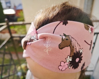 Children's headband, hair band, jersey, headband spring, summer, girls, jersey headband, twist band, bandeau Milla Louise horse flowers pink