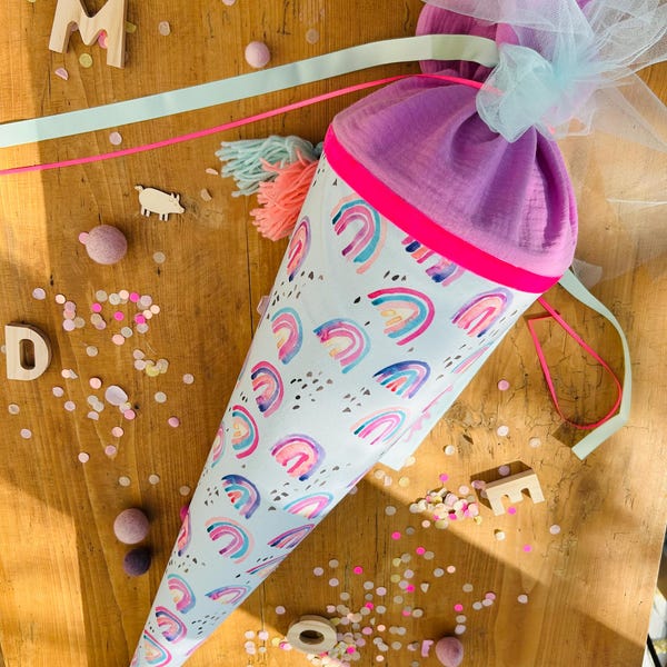 Muslin school cone, fabric school cone, girls' school cone, polka dot school cone, tulle school cone, Ergobag school cone, rainbow school cone, confetti school cone