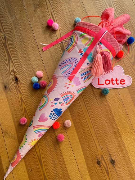 Schultüte Musselin Schultüte Stoff Schulanfang Schultüte Mädchen Einschulung Schultüte bunte Regenbögen rainbow Herz Wolken Milla Louise