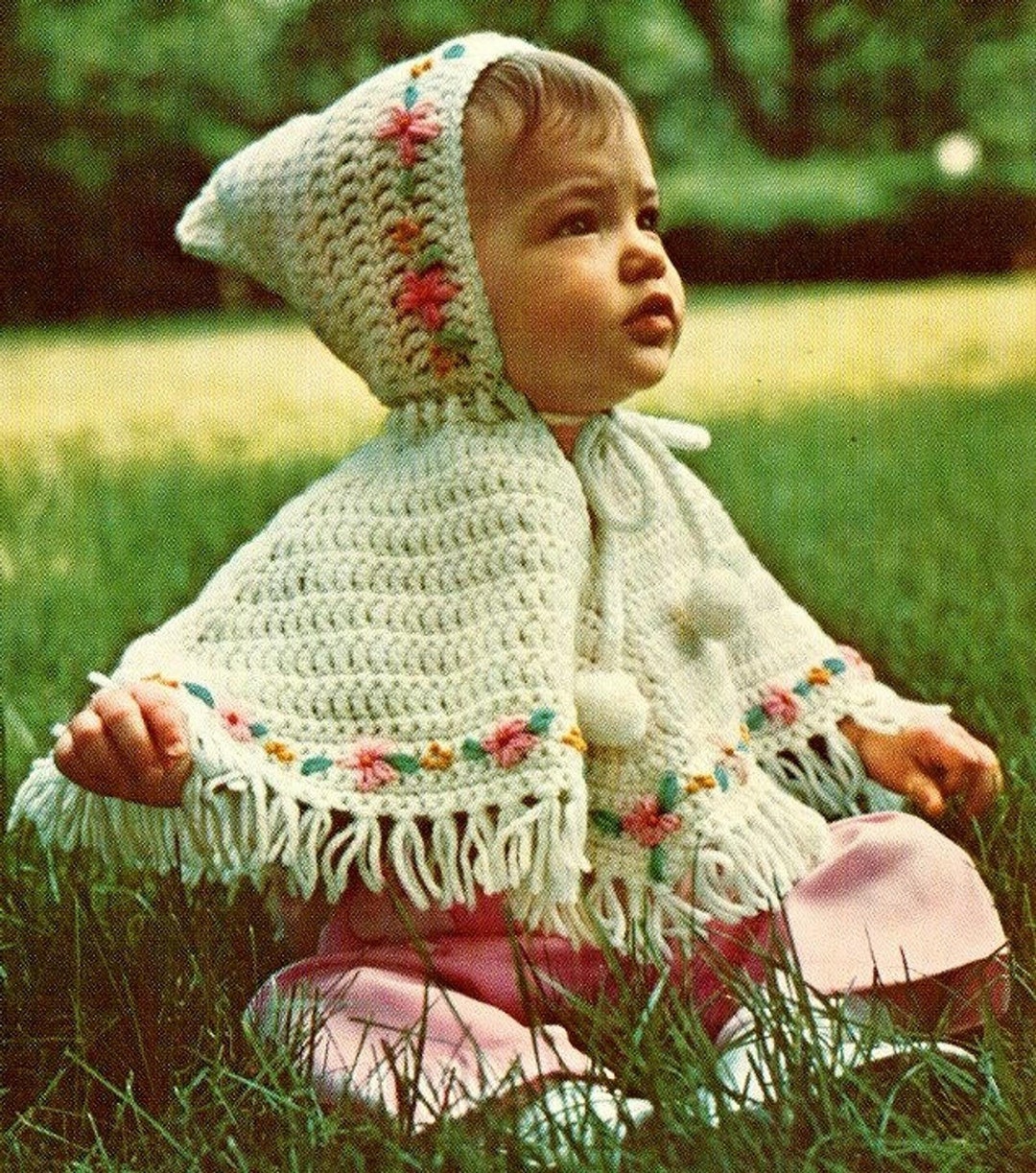 Vintage 1970s Crochet Precious Baby Girl Poncho With Hood