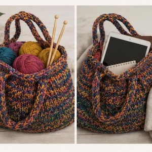 May include: A round, multi-colored knit bag with two handles. The left side shows the bag filled with several balls of yarn in blue, yellow, and pink, along with two wooden knitting needles. The right side shows the bag holding a tablet and notebook.