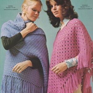 May include: A light blue crocheted shawl with fringe, labeled SHAWL Number 777-16, and a bright pink crocheted poncho with an open-weave pattern and fringe, labeled PONCHO Number 777-17. Both items include the text Instructions on page 34.