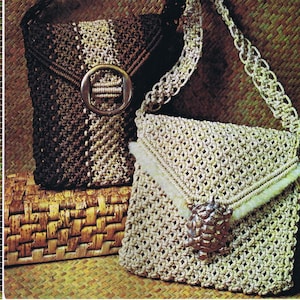 May include: Two crocheted handbags with different designs. One is brown and beige with a buckle closure. The other is white with a silver turtle-shaped clasp.