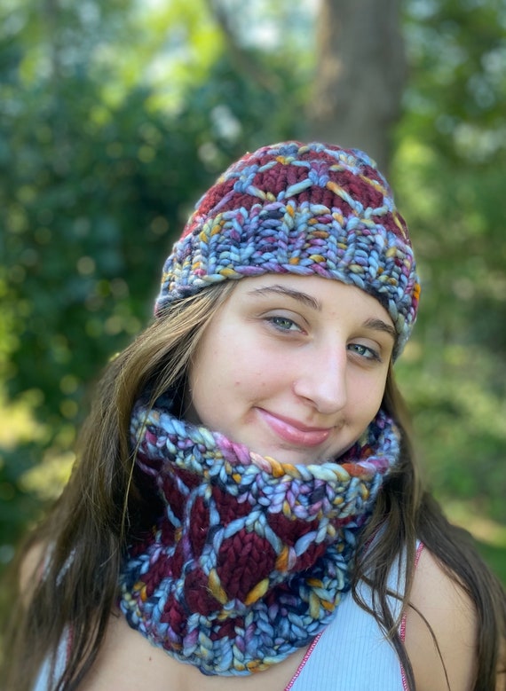 Infinity Scarf and Hat Set Handmade Knit Cowl Colorful Cowl Circular Scarf Knit Infinity Scarf