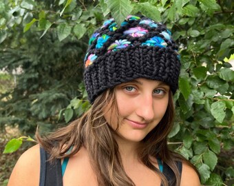Black Chunky knit hat, black with rainbow flowers, Fashion hat, Knit hat, hat, merino wool hat, flower knit, beanie, merino wool,