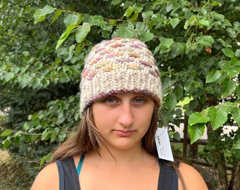 Cream Chunky knit hat, fall harvest flowers, Fashion hat, Knit hat, hat, merino wool hat, flower knit, beanie, merino wool,