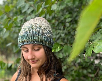 Knit hat, chunk knit hat, knit beanie, hat, beige, green, handpainted, adult hat, merino wool, chunky knit hat, hand knit, speckled beanie