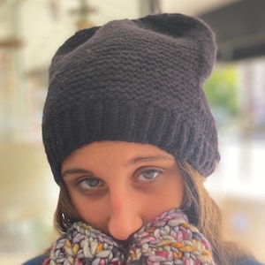 Slouch hat, Slouchy beanie, black hat, slouch beanie, slouchy hat, hand knit in NY from yummy soft 100% extrafine merino wool yarn