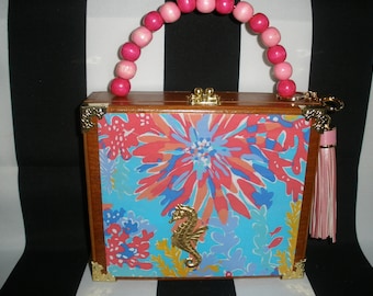 Cigar Box Purse, Seahorse, Colorful Sea Life Prink, Lined in Pink, cross Body Option, Humadorables by Susan, Tampa