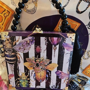Beautiful Bugs Cigar Box Purse, Pink Crystal Bee Brooch, Purple Velvet Lined, Humadorables by Susan