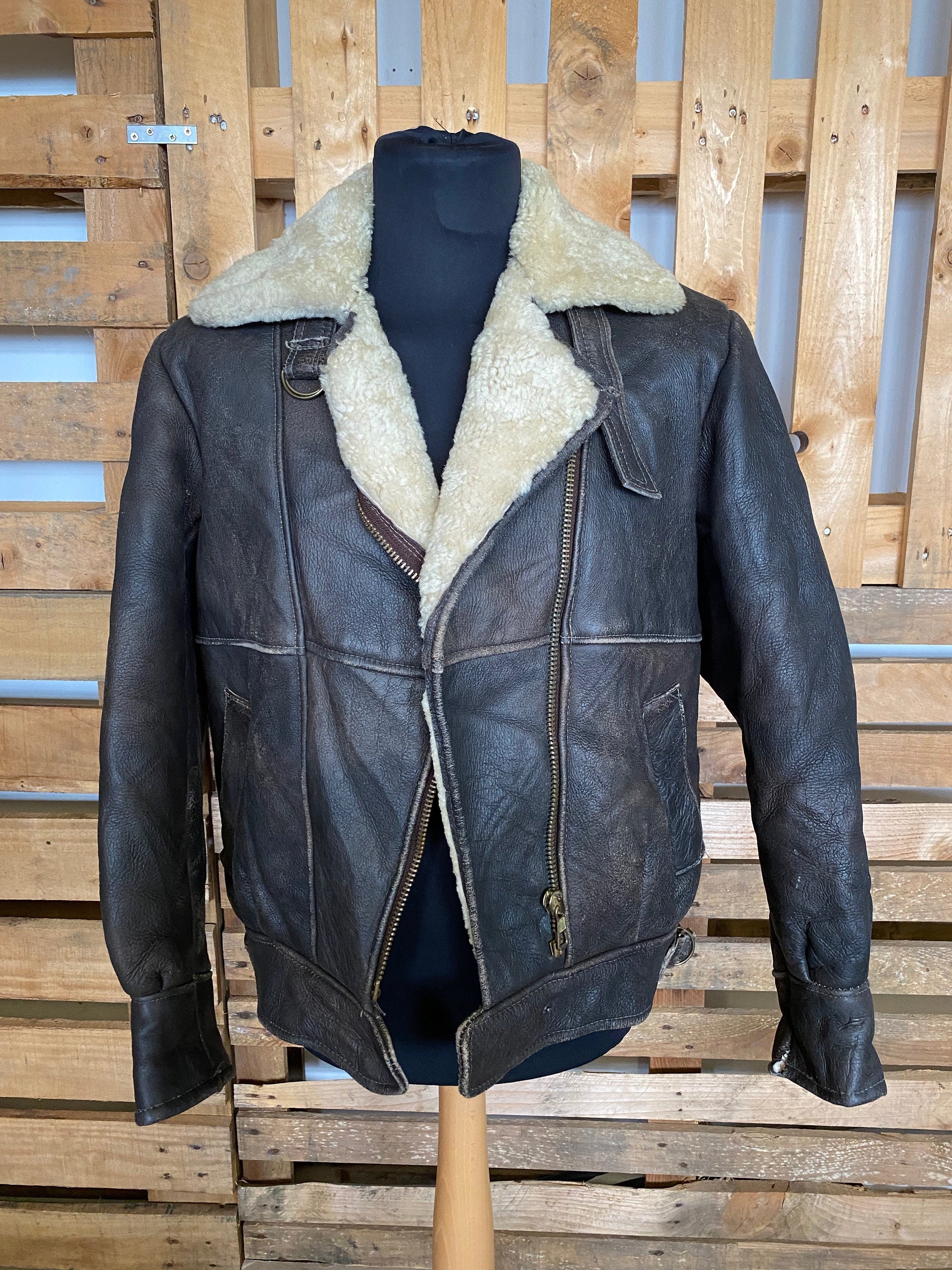 Image of Amazing Sheepskin Vintage Aviator Jacket - Bomber Jacket Shearling Leather Suede 70's 80's M