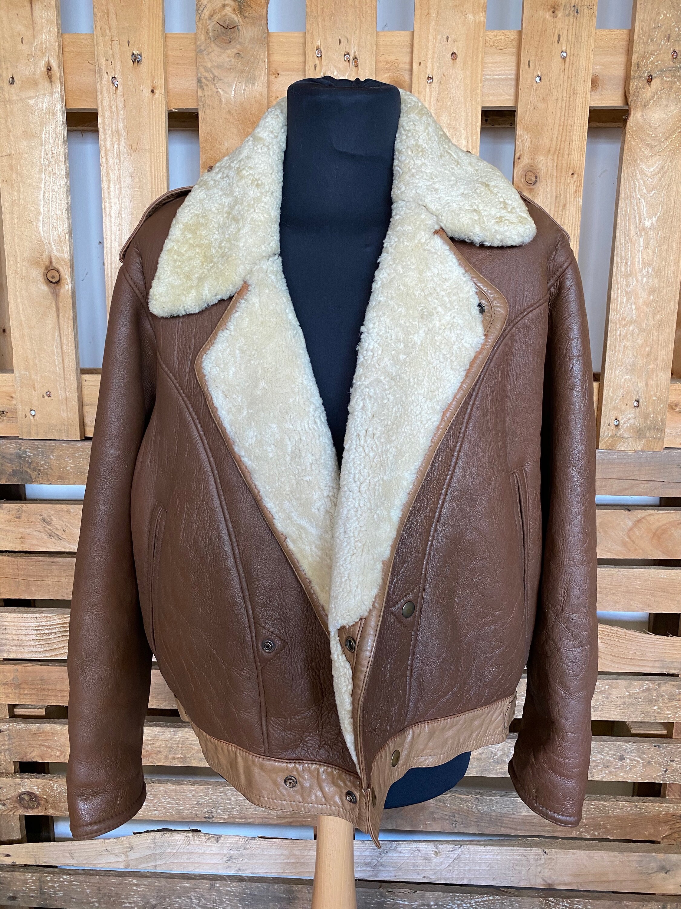 Image of Amazing Sheepskin Vintage Aviator Jacket - Bomber Jacket Shearling Leather Suede 70's 80's M/L