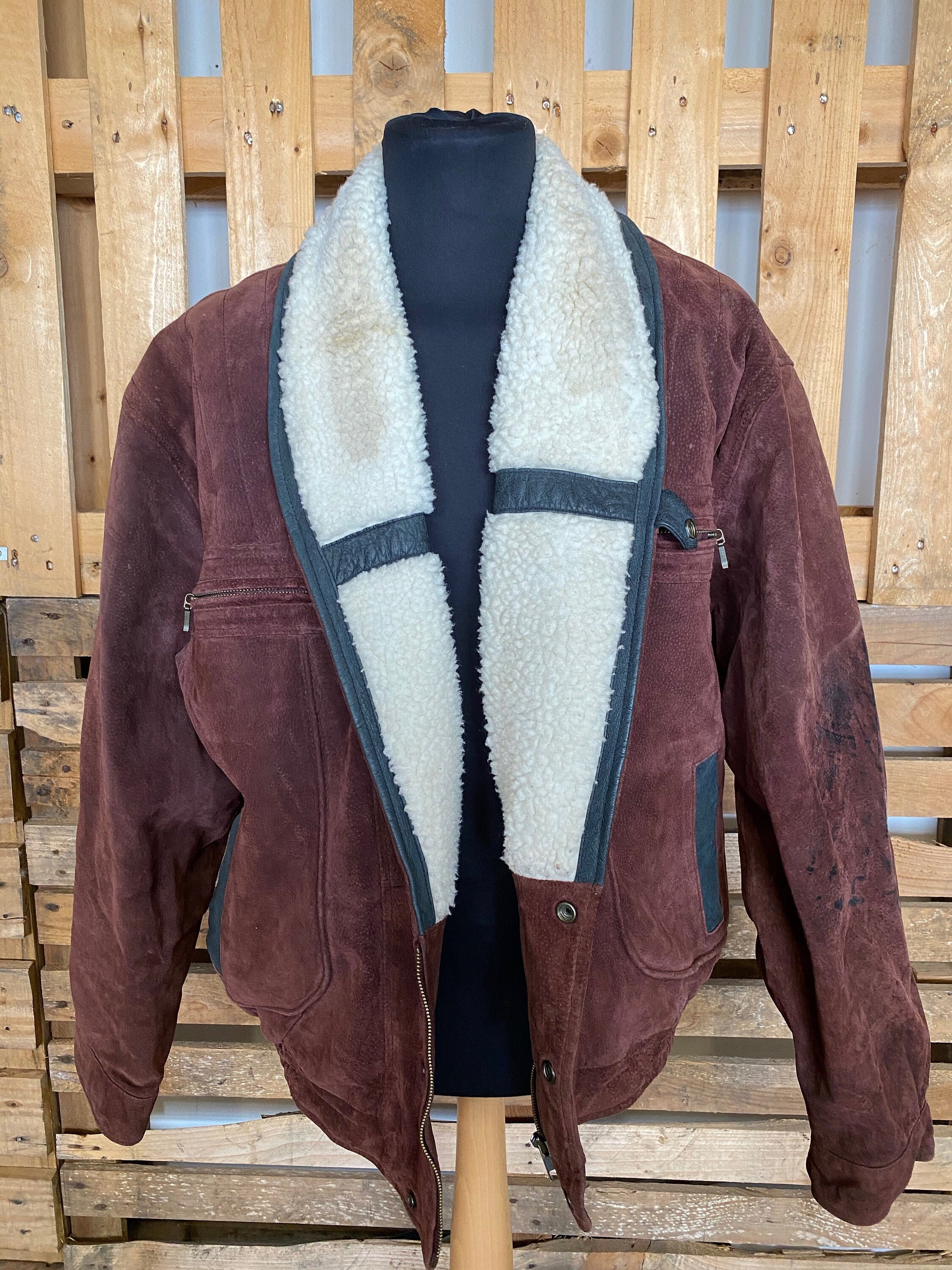 Image of Amazing Sheepskin Vintage Aviator Jacket - Bomber Jacket Shearling Leather Suede 70's 80's Grade B