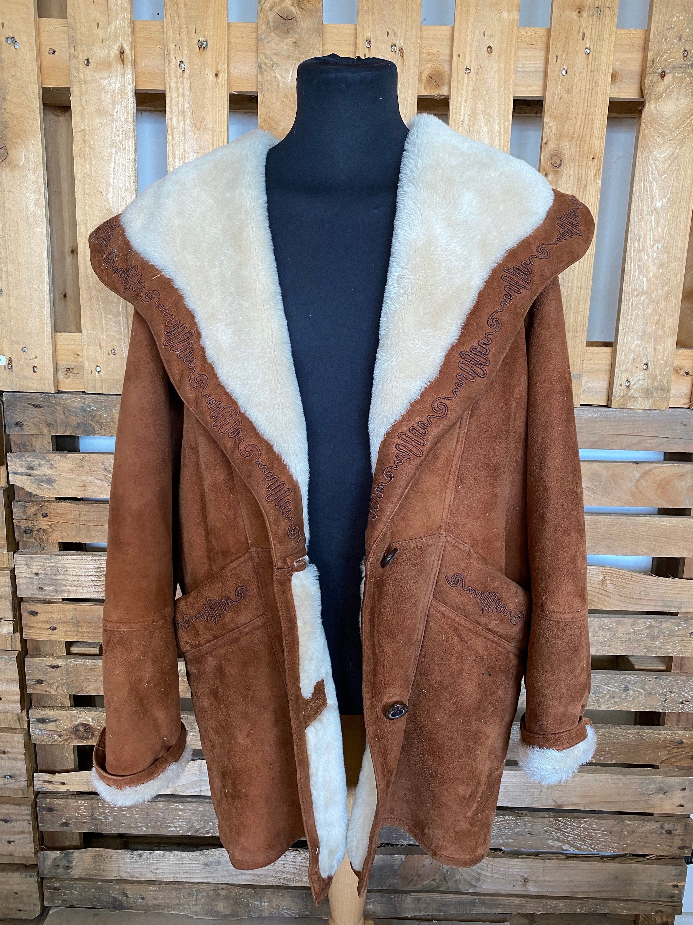Image of Amazing Sheepskin Vintage Aviator Jacket - Bomber Jacket Shearling Leather Suede 70's 80's L