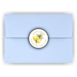 May include: A round white sticker with a lemon illustration and the text "ALYSSA JAMES 153 St. Bar's Way Naples, FL 34102"