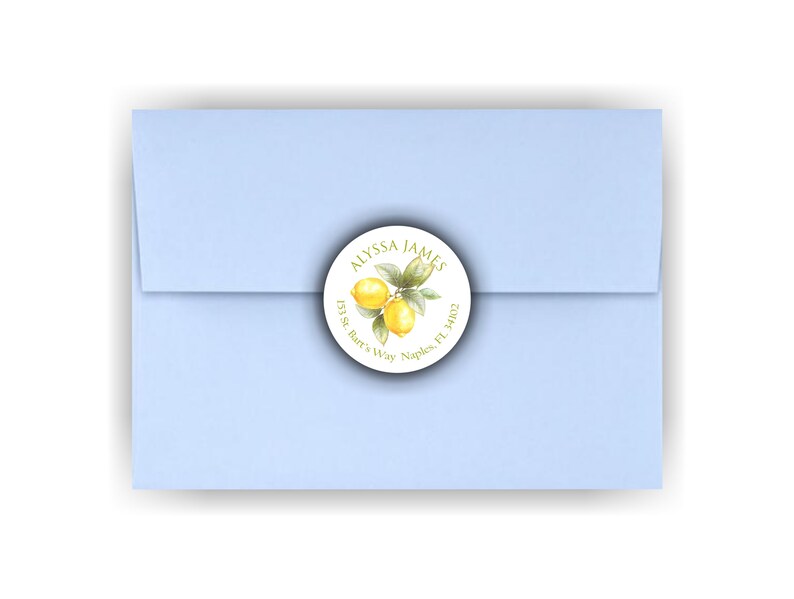 May include: A round white sticker with a lemon illustration and the text "ALYSSA JAMES 153 St. Bar's Way Naples, FL 34102"