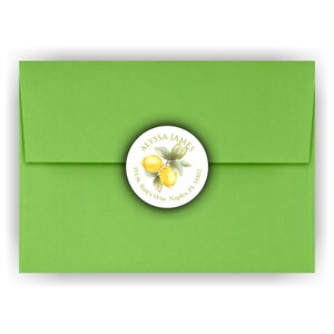 May include: A round white sticker with a lemon illustration and the text "ALYSSA JAMES 133 St. Bar's Way Naples, FL 34102"
