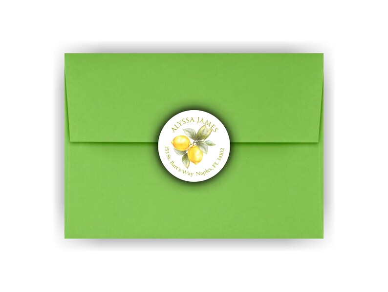 May include: A round white sticker with a lemon illustration and the text "ALYSSA JAMES 133 St. Bar's Way Naples, FL 34102"