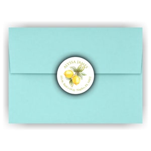 May include: A round, white sticker with a lemon illustration and the text "ALYSSA JAMES 153 St. Bar's Way Naples, FL 34102".