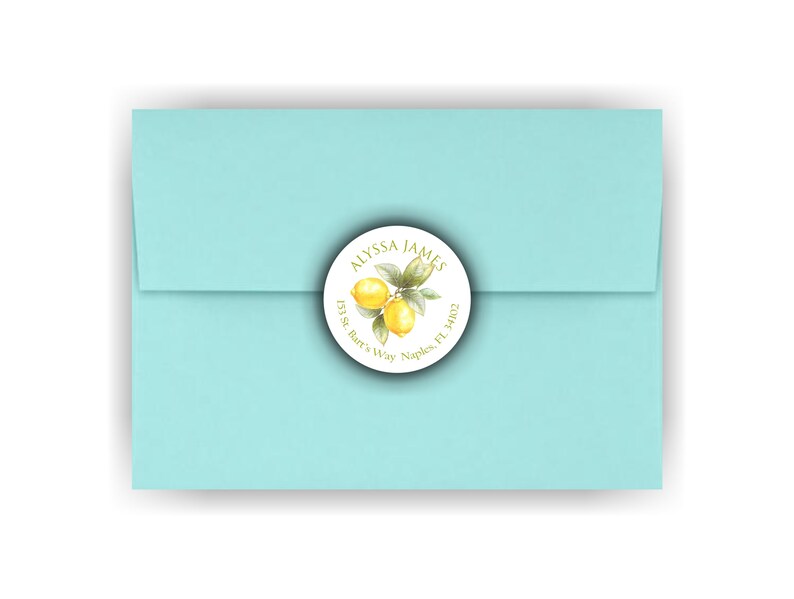 May include: A round, white sticker with a lemon illustration and the text "ALYSSA JAMES 153 St. Bar's Way Naples, FL 34102".