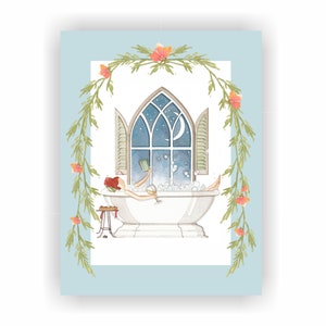 May include: A watercolor illustration of a woman relaxing in a bathtub with bubbles, reading a book and holding a glass of wine. The bathtub is in front of a window with a crescent moon and stars. The window is framed by a leafy garland with pink flowers.