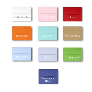 May include: A collection of 10 different colored envelopes with the color names printed on each envelope: Brilliant White, Candy Pink, Red, Mandarin, Seafoam, Grocery Bag, Baby Blue, Lilac, Limelight, and Boardwalk Blue.