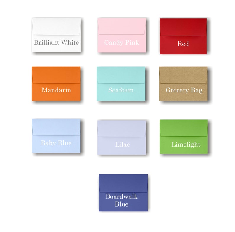 May include: A collection of 10 different colored envelopes with the color names printed on each envelope: Brilliant White, Candy Pink, Red, Mandarin, Seafoam, Grocery Bag, Baby Blue, Lilac, Limelight, and Boardwalk Blue.