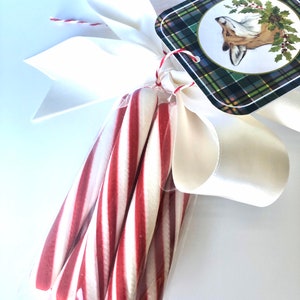 May include: A clear plastic bag filled with red and white peppermint candy canes tied with a white satin ribbon and a plaid gift tag with a fox illustration and the text "Merry Christmas".