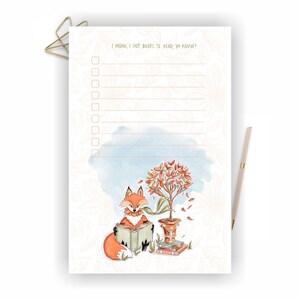 May include: A printable checklist with a cute fox illustration reading a book. The checklist has the text "I mean, I got books to read, ya know?" and 10 blank checkboxes.