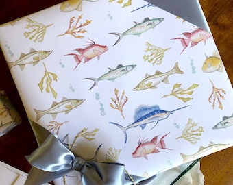 Fish Wrapping Paper: Outdoorsman Gift, Illustrated Design (3 Sheets)