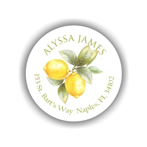 May include: Round white sticker with a lemon branch illustration and the text "ALYSSA JAMES 153 St. Bart's Way Naples, FL 34102"
