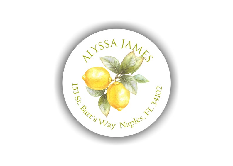 May include: Round white sticker with a lemon branch illustration and the text "ALYSSA JAMES 153 St. Bart's Way Naples, FL 34102"