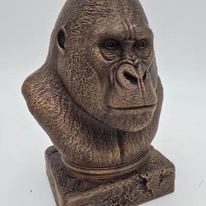 May include: A bronze-colored gorilla bust sculpture. The sculpture features a detailed depiction of a gorilla's head and shoulders, with textured fur and facial features. The bust is mounted on a square base with a textured surface.