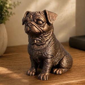 May include: A bronze-colored pug figurine in a seated position. The sculpture features detailed facial wrinkles, large round eyes, and a textured coat finish, capturing the characteristic physical traits of the dog breed in a solid, upright posture.
