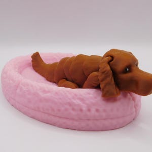 Op de afbeelding: Een bruin hondenbeeldje dat in een roze bed ligt. De hond ligt opgerold met zijn kop op zijn poten. Het bed is ovaalvormig en heeft een getextureerd oppervlak.