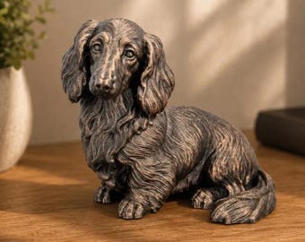Sitting Longhaired Dachshund Statue Figurine Bookend | Hand-Finished Figurine | Unique Dog Lover Gift & Home Decor
