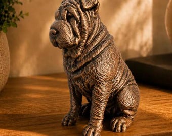 Sitting Shar Pei Statue Figurine | Hand-Finished Figurine | Unique Dog Lover Gift & Home Decor