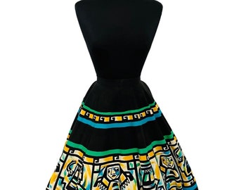 Vintage 1950's Hand Painted Mayan Tribal Novelty Print Mexican Souvenir Circle Skirt