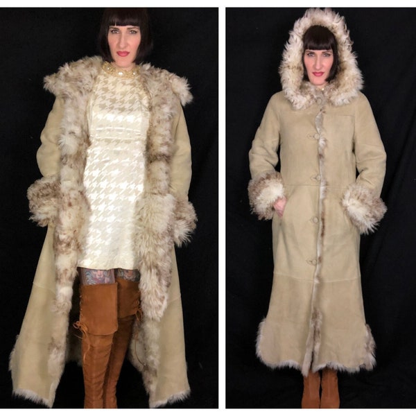 Vintage 1970's Style Beige Brown Shaggy Mongolian Lambs Fur + Suede Leather Hooded Full Length Coat - size Small to Medium