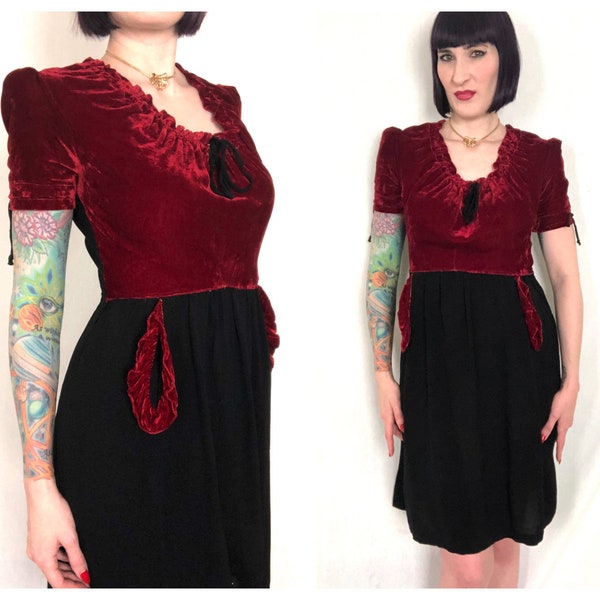 Vintage Late 1930's Red Velvet Puff Sleeve Peasant Top and Black Rayon Dress w/ Ruffled Pockets - size Small