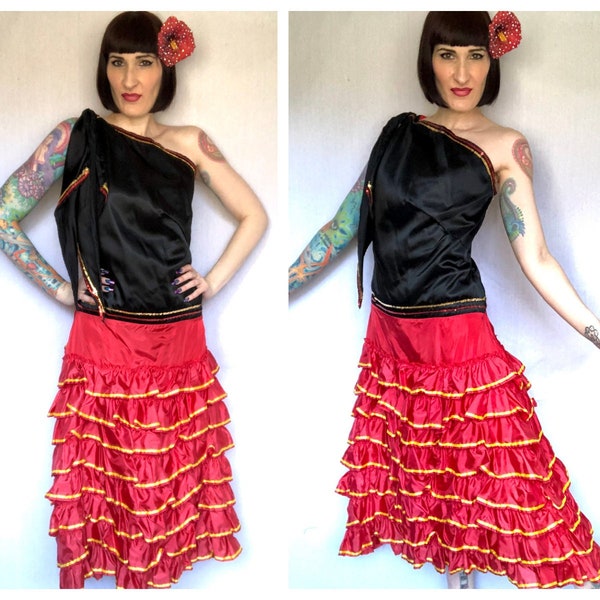 Vintage 80s 90s Flamenco Dancer Costume - Black + Lipstick Red Ruffled Mermaid Hem Cha Cha Dancer Dress w/ Sequin Trim - size Medium