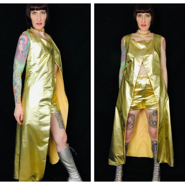 Vintage 1970's Gold Metallic Lamé Space Age Full Length Vest Dress w/ Matching Shorts and Hat! Size Medium to Large