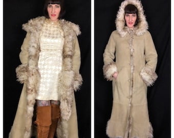 Vintage 1970's Style Beige Brown Shaggy Mongolian Lambs Fur + Suede Leather Hooded Full Length Coat - size Small to Medium