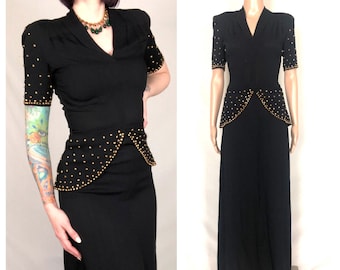STUNNING Vintage 1940's Black Rayon Peplum Gown w/ Gold-Toned Studded Embellishments - size XS Extra Small